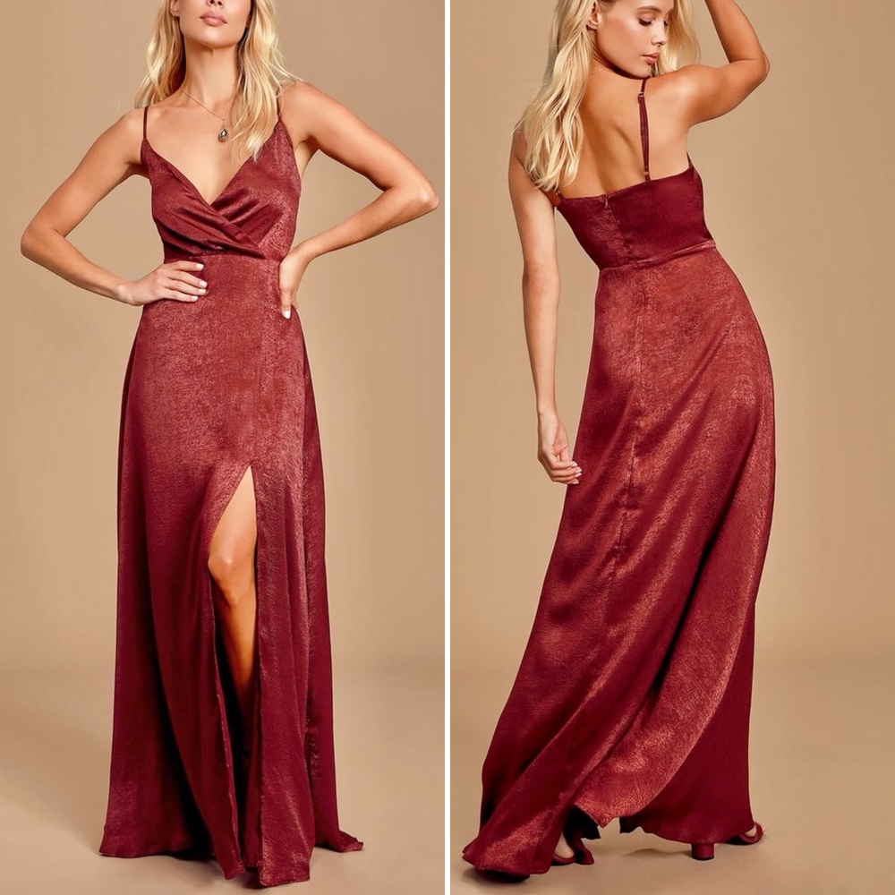 Lulus NWT Constantine Burgundy Satin Maxi Dress Size XL Side Slit Surplice Neck